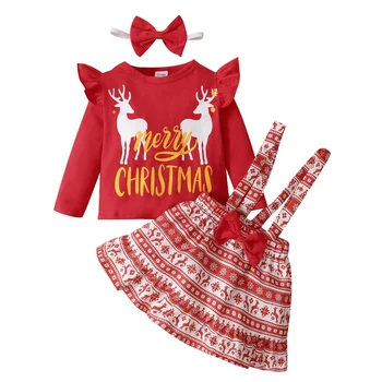 1-5ani Copii Fata de Îmbrăcăminte Costum Roșu Zburli Maneca Lunga se Căsătorească de Crăciun de Imprimare T-shirt Curea Fusta cu Banda 3PCS Set de Costum