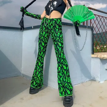 2020 Toamna Femei E Fata Flare Y2k Pantaloni Strada Mare Clopot-fund Verde Fluorescent de Imprimare de Înaltă Talie Pantaloni Streetwear