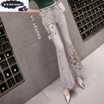 2021 Noi De Flori Flare Jeans Femei Vintage Ștrasuri Din Mărgele Broderie Denim Pantaloni Largi Picior De Moda Streetwear Subțire Talie Mare Pantaloni