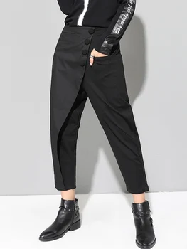 2022 Primăvară Toamnă Negru Mozaic Neregulat Pantaloni Harem Pentru Femei De Înaltă Talie Elastic Butonul De Moda Liber Casual Femei Pantaloni