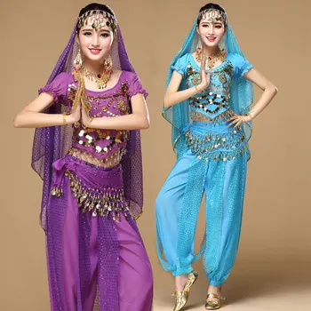 4buc/set Sequin Indian de la Bollywood, Dans din Buric Set Costum Sari de la Bollywood, Dans din Buric, Costume de Performanță Sifon Stadiu de Uzura
