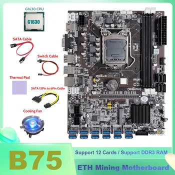 B75 BTC Miner Placa de baza 12XUSB Cu G1630 CPU+Comutator Cablu+Cablu SATA+SATA 15Pin La 6pini Cablu+Ventilator de Răcire+Pad Termic