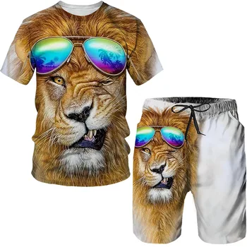 Barbati Tricou Set de Vară Sport Costum de Jogging, 2 Piese Bluza cu Maneci Scurte Streetwear Leu 3D Imprimate Vrac Haine