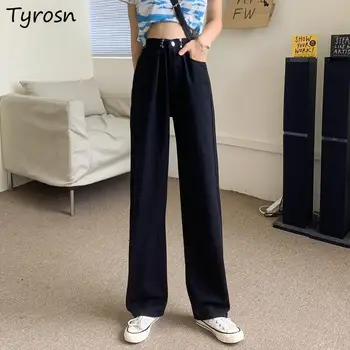 Blugi Femei Solide de Proiectare Talie Reglabila Drept Jean Femme All-meci Stil coreean Spălat Casual Largi Pantaloni din Denim de Moda