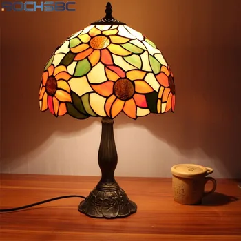 BOCHSBC Tiffany Vitralii de Masă Lămpi de Epocă de Floarea-soarelui Birou Camera de zi Lumina Lampă de Noptieră Nichel Periat Sticla Lampa