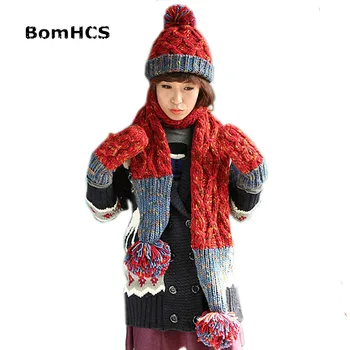BomHCS 3 Buc Costum De Iarna Cald Tricot Manual Manusi + Fular + Caciula Drăguț Două Culori Mozaic