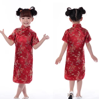 Cheongsams Hanfu Costume Tradiționale Chineze Fete Printesa Rochie Fete Copii Kimono Rochie din Satin Strâns Dragon&phoenix Florale