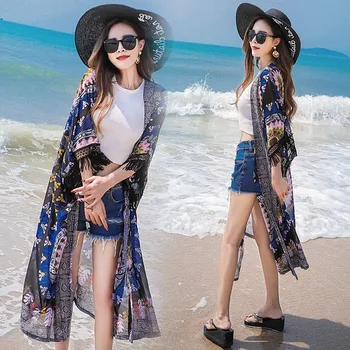 Cheshanf Moda Femei Tropical Print Floral Kimono Lung Cardigan Cu Centura Maneca Lunga Partea De Fantă Bluza De Vara Blusas