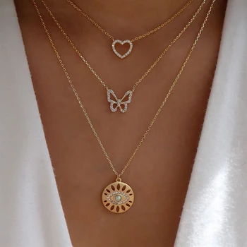 Culoare de aur de Cristal Ochi de Monede Pandantiv Coliere Pentru Femei mai multe Niveluri de sex Feminin Nou Gol in forma de Inima Fluture Colier Bijuterii