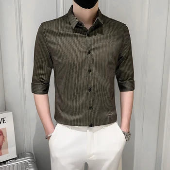 De Lux Streetwear Camisas Hombre Para Primavara-Vara Cu Dungi Imprimate Slim Fit Jumătate Cu Mâneci Tricou Casual Barbati Formale Purta Bluze