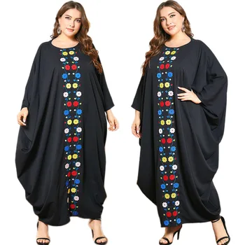 De Mari Dimensiuni Supradimensionate Vrac Negru Brodate Rochii Maneci Liliac Halat Casual Stil Etnic Musulman Dubai Maneca Lunga Femei Rochie Nouă