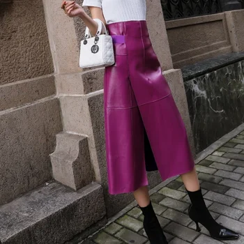 Femei De Moda Violet Talie Mare La Jumătatea Vițel Fusta De Partid O-Linie 100% Piele De Oaie Piele Fusta Office Doamnelor Folie Mijlocul Fuste Lungi