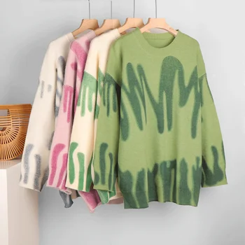 Femei Elegante Verde Cu Dungi Pulovere Supradimensionate, Pulovere Femei De Iarnă, O-Neck Loose Pulovere Lungi Streetwear Îmbrăcăminte Exterioară Cald 2021