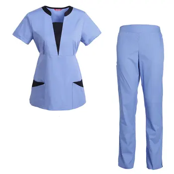 Femei Scrub Set de ingrijire Medicala Set Uniform de Sus și Slim Fit Flare-Picior Elastic Talie Pantaloni