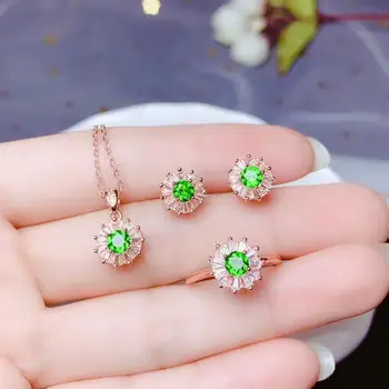 fermecător verde clar Diopsid inel de piatră prețioasă cercei si colier set de bijuterii rotundă naturală bijuterie argint 925 fata cadou