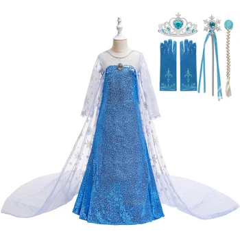 Fete Rochie De Regina Zăpadă Prințesă Costum De Halloween Petrecere De Ziua Congelate 2 Costume Cosplay Albastru Plin Cu Paiete Rochii Lungi