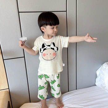 Fetita Tricou Cu pantaloni Scurți Copilul Băiat de Talie Mare Cald Abdomen Sleepwear 1-8T Copii de Vară Super-Subțire de Aer de Bumbac Homewear Seturi