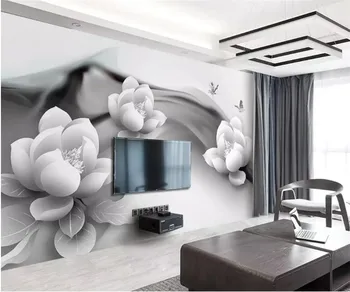 fotografie tapet Personaliza orice dimensiune murală tapet alb-negru de cerneală lotus fluture simplu 3d TV fondul de perete