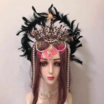 Halo Coroana Caciulita Lolita KC Gotic Negru Pană de Înger Aripi, Halo Coroana de Cristal Zeita Regina Halloween Frizură Accesorii