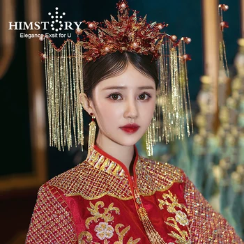 HIMSTORY Vintage Rosu Chinezesc Flori de Nunta Regina Coronet Coroana Costum de Mireasa Agrafe Ciucuri Cap Bijuterii Accesorii de Nunta