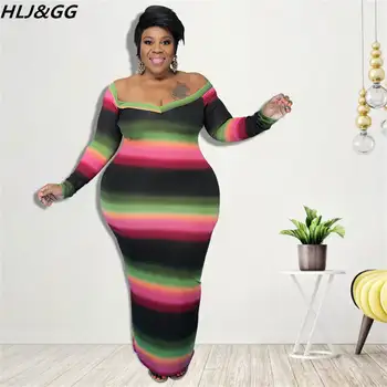 HLJ&GG Toamna Iarna Dungi de Culoare de Imprimare Bodycon Rochii de Partid pentru Femei V-Neck Maneca Lunga Slim Rochie Maxi Vestidos Plus Dimensiunea Îmbrăcăminte