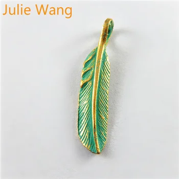 Julie Wang 20BUC Zinc din Aliaj Bronz Antic Verde Pene Farmecul Colier cu Pandantive Bijuterii a Face Constatări DIY Accesorii
