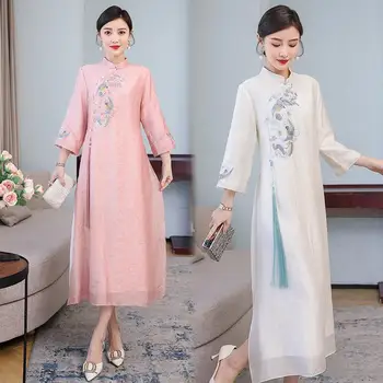 Moda Stand Guler Talie Mare Îmbunătățit Cheongsam Femei Elegante Vara Chineză Stil Vintage Brodata Hanfu Ciucure Rochie