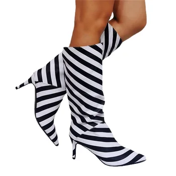 Moda Zebra cu Dungi Genunchi Cizme de 7,5 cm Tocuri Subtiri Aluneca Pe Stil Liber Mult Papuceii Femeii a Subliniat Toe Banchet Cizme