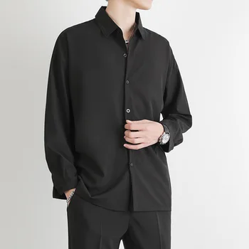 Negru Lung cu mâneci Tricouri Barbati coreean Confortabil Bluze Casual Vrac s Singur Pieptul Cămașă Îmbrăcăminte pentru Bărbați Homme Hombre Q137