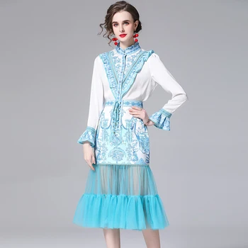 Primavara pentru Femei Costum Retro franceze de Stand-up Guler Imprimate Ciufulit Maneca Ars de Top High-talie Plasă de Cusut Fusta Seturi X491