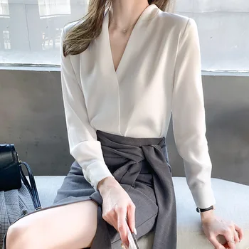 Primăvara și toamna moda simplu V-gât cu mâneci lungi temperament este subțire butonul satin șifon cămașă studio tricou casual femei sh