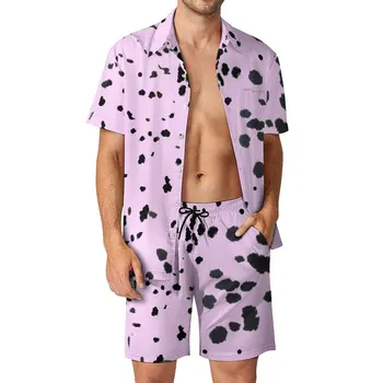 Roz de Imprimare Dalmatian Bărbați Seturi Buline Tricou Casual Set Cool Beachwear pantaloni Scurți de Vară Costum din Două piese Plus Dimensiune