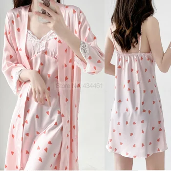 Sexy Halat Set Cu Curea Cămașă De Noapte Cu Dantelă Asieta Pijamale Lenjerie De Vara V-Neck Pijamale Dragoste De Imprimare Kimono-Halat De Baie Body
