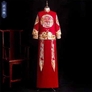 Stil Chinezesc Căsătorie Set Mire Costum De Nuntă, Îmbrăcăminte De Dragon Broderie Cheongsam Toast Îmbrăcăminte