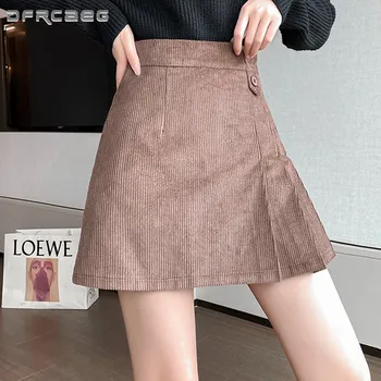 Toamna Iarna Casual, Pantaloni De Catifea Cord De Femei A-Line Fusta 2021 Talie Mare Stil Coreean Cald Fusta Scurta Lady Cafea Neagra