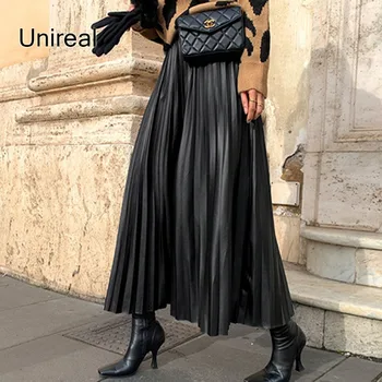 Unireal 2022 Iarna Femei Lunga Plisata Fusta Talie Mare Gros Chic Negru Streetwear De Sex Feminin Din Piele Pu Neagra Maxi Fusta