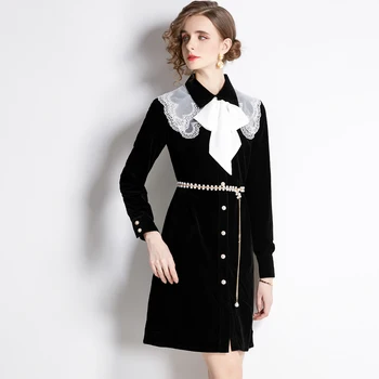 Vintage de Catifea Neagra Rochie Mini pentru Femei Designer coreean Oficial Elegant Rândul său, în Jos Gâtul Subțire Talie Rochii de Toamna Petrecere