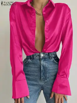 ZANZEA Casual Satin Bluza de Mătase Moda Butonul de Bază Tricou Simplu Elegant Blusa Rever Guler Toamna Office Purta Camasi Femei